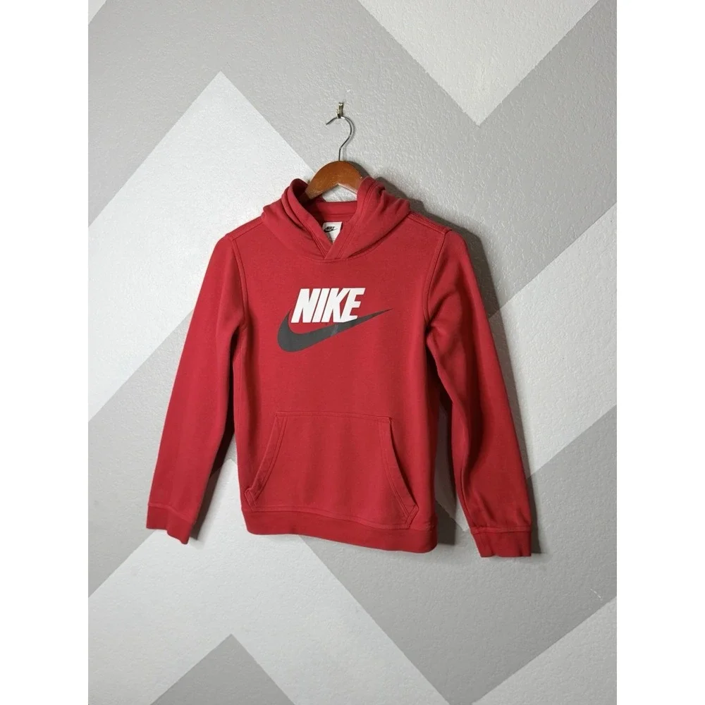 Nike Sportswear Boys Hoodie Large Red White Gray Swoosh Pullover CJ7861-657 READ